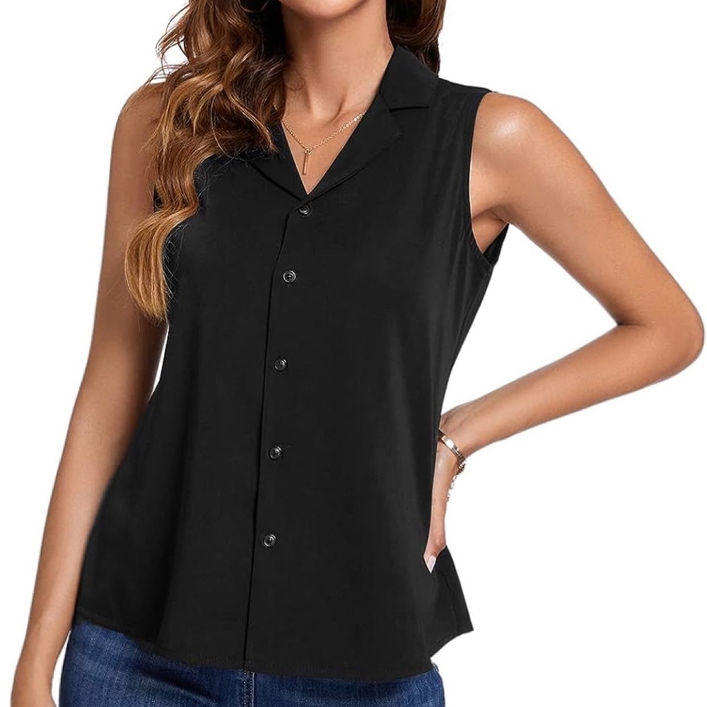 Anne Klein Black Collared Button Down V-Neck Blou… - image 4